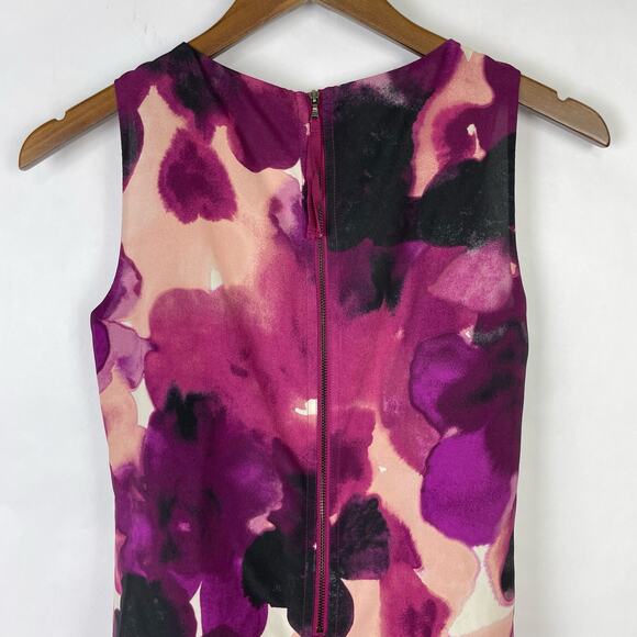 Ann Taylor Loft | Purple Pink Watercolor Ruffle Center Sleeveless Shift Dress - Picture 3 of 6